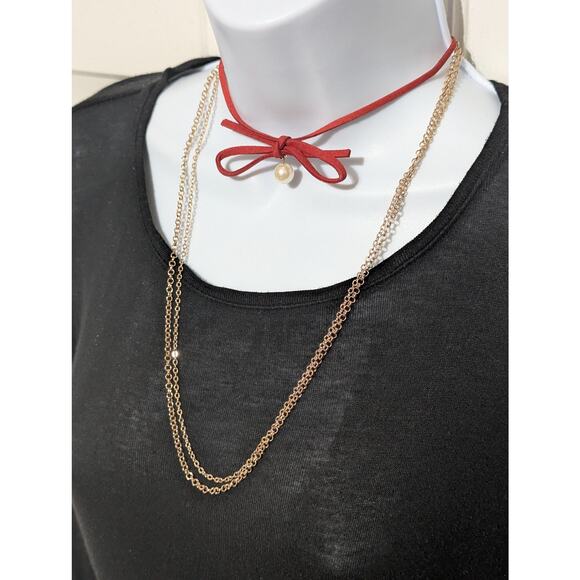 Carisma Choker Necklace Set Red Bow Pearl Bead Gold Tone Layered Chains Gift - Picture 2 of 7
